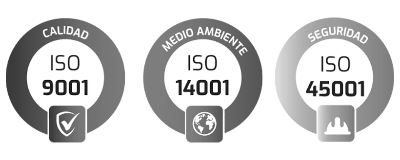 Certificaciones ISO 9001 (Calidad), ISO 14001 (Medio Ambiente) e ISO 45001 (Seguridad)